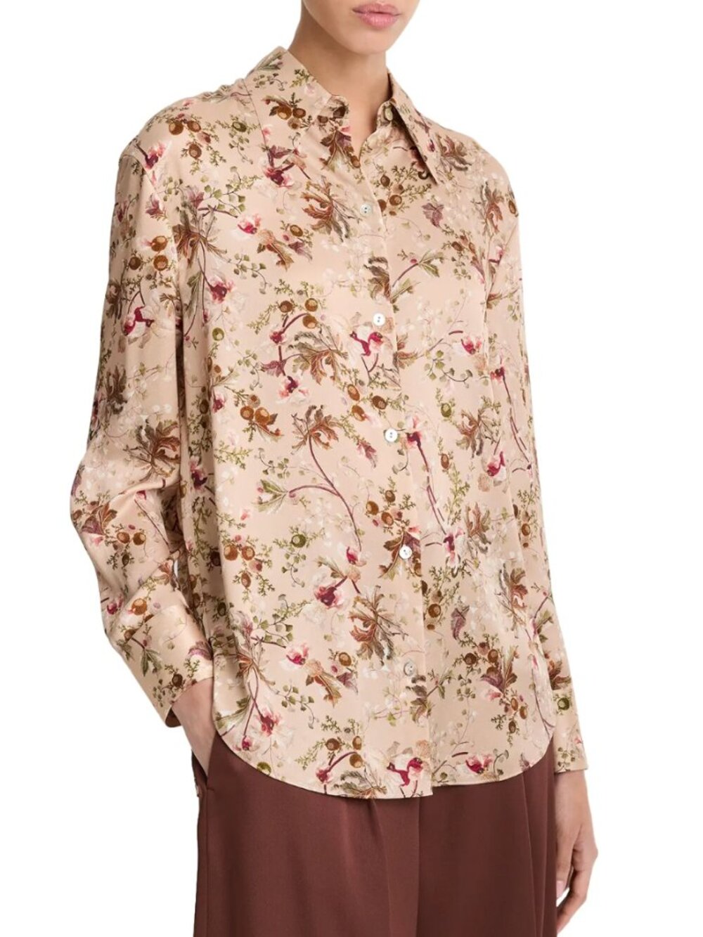 $445 NWT Vince Nude Floral Orchid Vince Bias Silk Button Blouse size Small